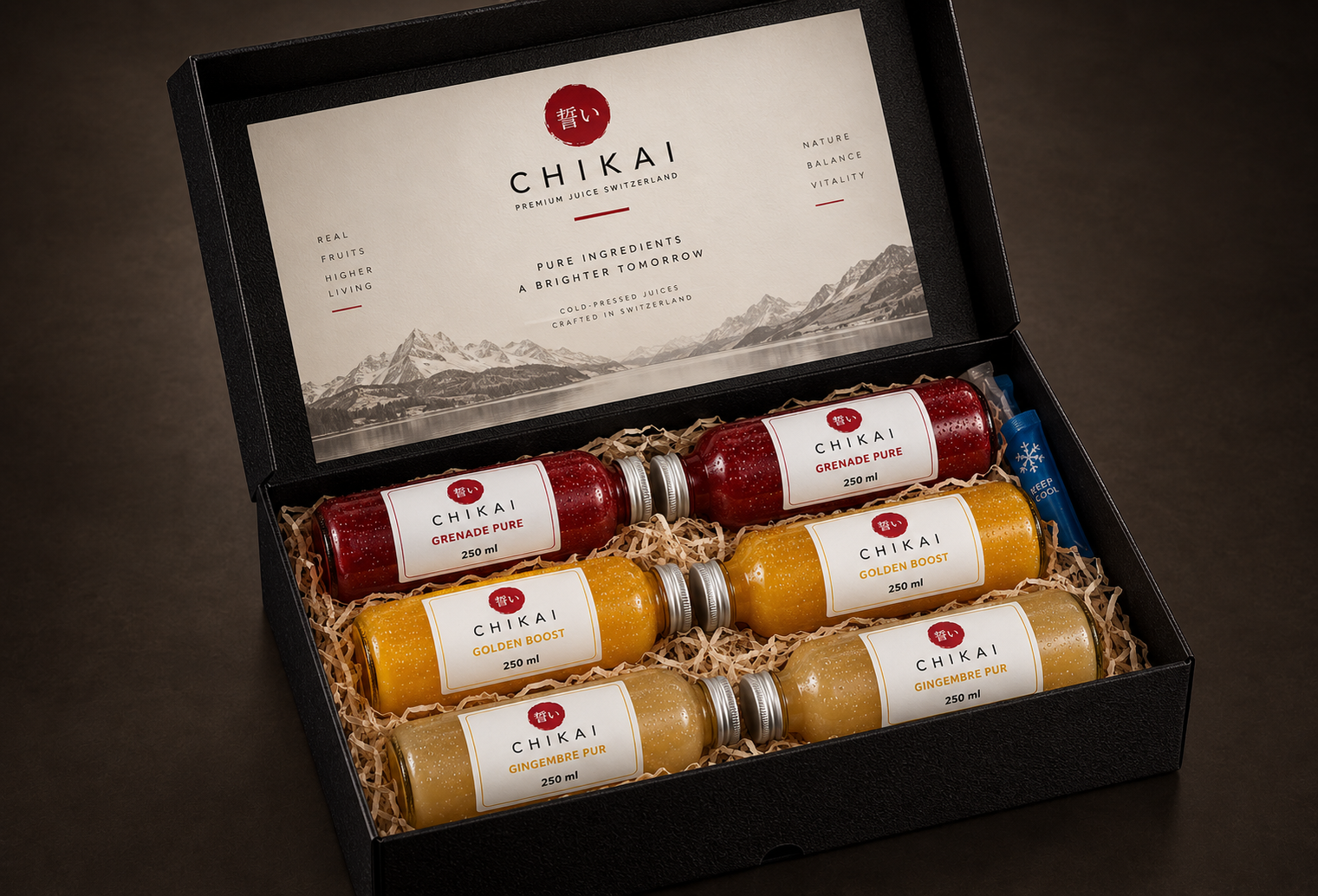 Illustration du coffret CHIKAI pour six bouteilles de 250 ml